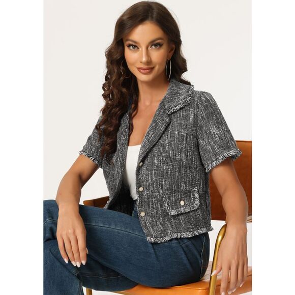 Tweed Shirt with Tassel Cropped Length Short Sleeve Shirt Black - Picture 2 of 5